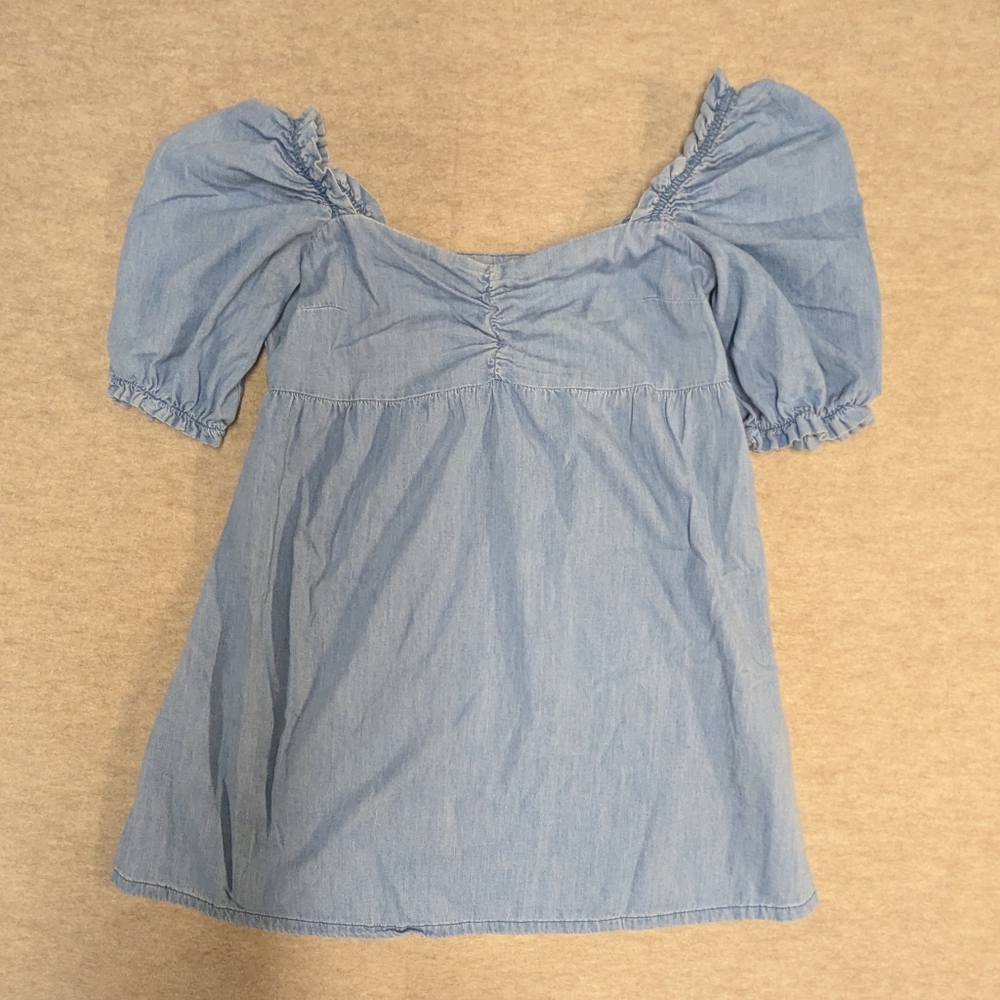H&M Light Denim Puff Sleeve Square Neckline Mini Dress Cowgirl Casual Coastal M